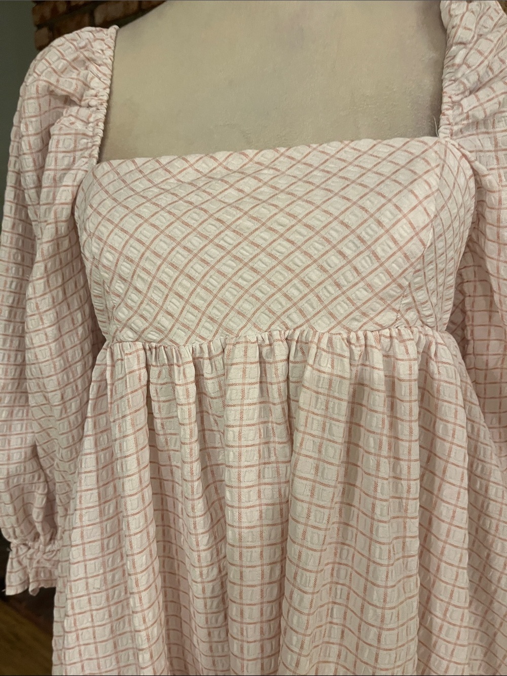 Storia Square Neck Long Sleeve Pink Check Babydoll Dress - Picture 3 of 6
